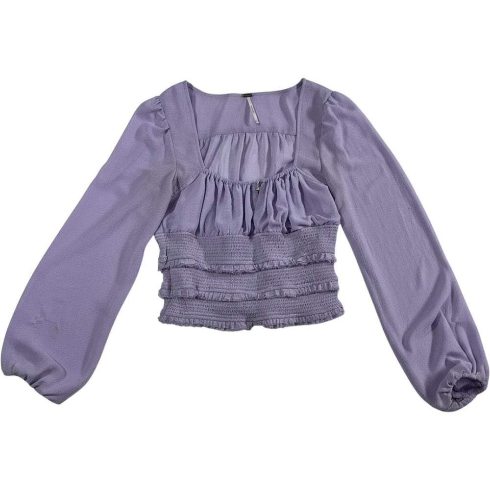 Free People Lolita Boho Blouse Lavender XS Peasant Top Ruffle Smocked Sheer